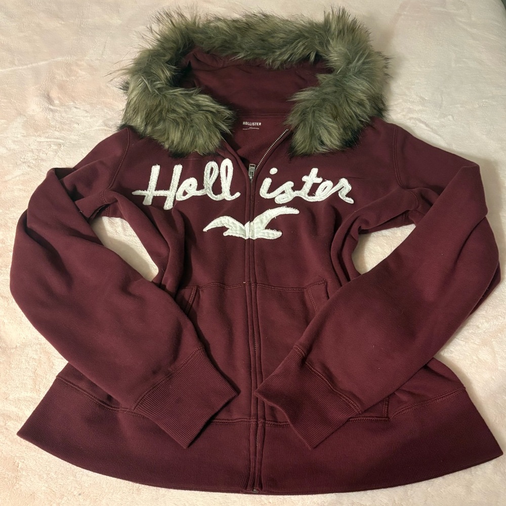 Hollister Burgundy Zip Hoodie with Faux Fur Trim